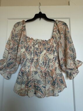 Flying Tomato Cream Paisley Smocked Peasant Blouse with Blue Accents